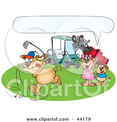 Clipart Illustration of a Boy And Girl Dog Watching Their Father Golf, With A Text Box by Dennis Holmes Designs