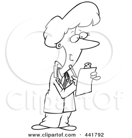 Royalty-Free (RF) Clip Art Illustration of a Cartoon Black And White Outline Design Of A Female Doctor Taking Notes by toonaday