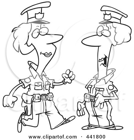 Royalty-Free (RF) Clip Art Illustration of a Cartoon Black And White Outline Design Of Two Female Cops by toonaday