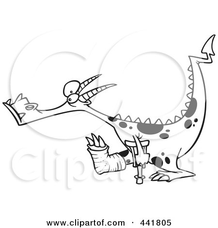 Royalty-Free (RF) Clip Art Illustration of a Cartoon Black And White Outline Design Of A Dragon Using A Crutch For A Lame Leg by toonaday