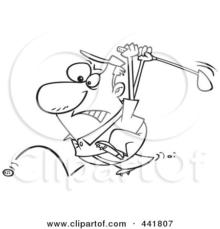 Royalty-Free (RF) Clip Art Illustration of a Cartoon Black And White Outline Design Of A Golfer Swinging At His Last Ball by toonaday