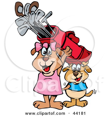 Clipart Illustration of a Boy And Girl Dog Carrying Golf Clubs by Dennis Holmes Designs