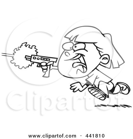Royalty-Free (RF) Clip Art Illustration of a Cartoon Black And White Outline Design Of A Girl Shooting A Gun And Playing Laser Tag by toonaday