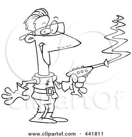 Royalty-Free (RF) Clip Art Illustration of a Cartoon Black And White Outline Design Of A Space Man Using A Laser Gun by toonaday