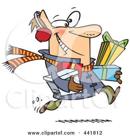 Royalty-Free (RF) Clip Art Illustration of a Cartoon Last Minute Christmas Shopper Carrying Gifts by toonaday