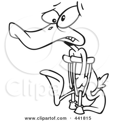 Royalty-Free (RF) Clip Art Illustration of a Cartoon Black And White Outline Design Of An Injured Duck Using Crutches For His Lame Leg by toonaday