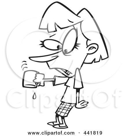 Royalty-Free (RF) Clip Art Illustration of a Cartoon Black And White Outline Design Of A Businesswoman Pouring The Last Drop Of Coffee by toonaday