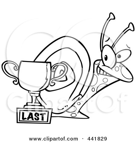 Royalty-Free (RF) Clip Art Illustration of a Cartoon Black And White Outline Design Of A Snail By A Last Place Trophy Cup by toonaday