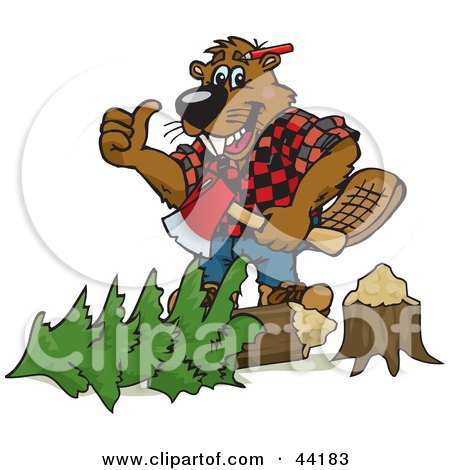 Clipart Illustration of a Lumberjack Beaver Holding An Axe Over A Tree by Dennis Holmes Designs