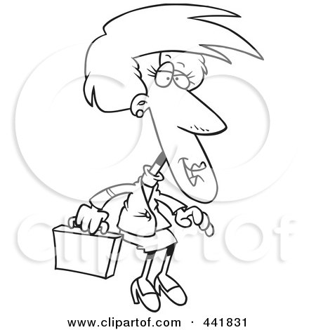 Royalty-Free (RF) Clip Art Illustration of a Cartoon Black And White Outline Design Of A Female Executive With A Briefcase by toonaday