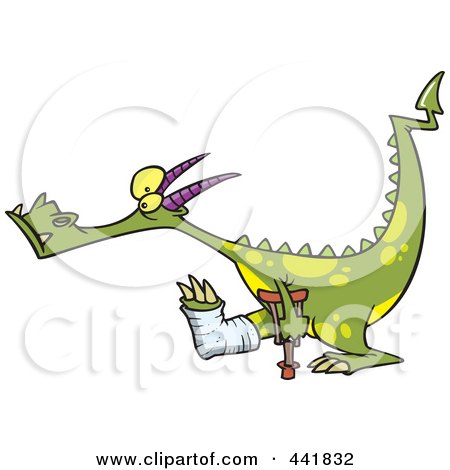 Royalty-Free (RF) Clip Art Illustration of a Cartoon Dragon Using A Crutch For A Lame Leg by toonaday
