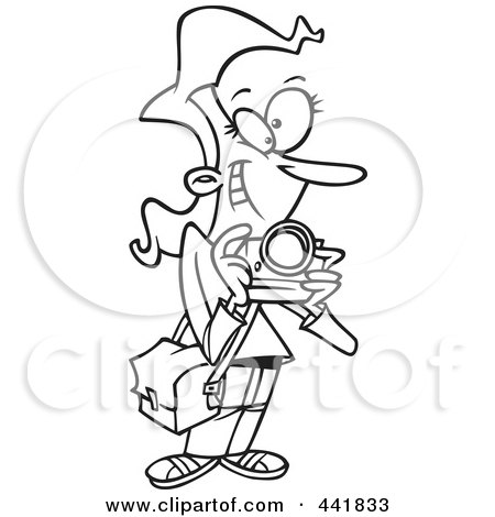Royalty-Free (RF) Clip Art Illustration of a Cartoon Black And White Outline Design Of A Female Photographer Taking Pictures by toonaday