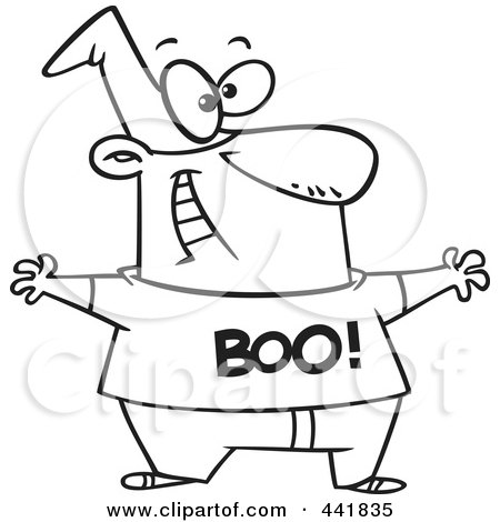Royalty-Free (RF) Clip Art Illustration of a Cartoon Black And White Outline Design Of A Lame Man Wearing A Boo Shirt by toonaday