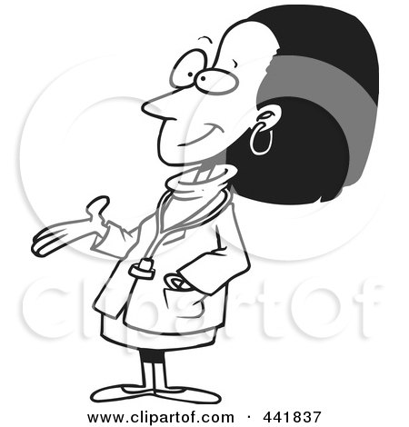 Royalty-Free (RF) Clip Art Illustration of a Cartoon Black And White Outline Design Of A Black Female Doctor by toonaday
