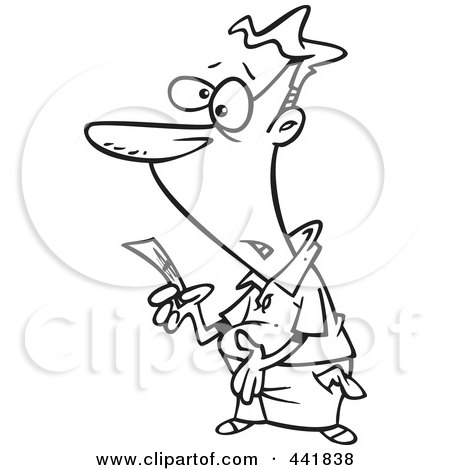 Royalty-Free (RF) Clip Art Illustration of a Cartoon Black And White Outline Design Of A Broke Man Holding His Last Dollar by toonaday