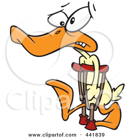 Royalty-Free (RF) Clip Art Illustration of a Cartoon Injured Duck Using Crutches For His Lame Leg by toonaday