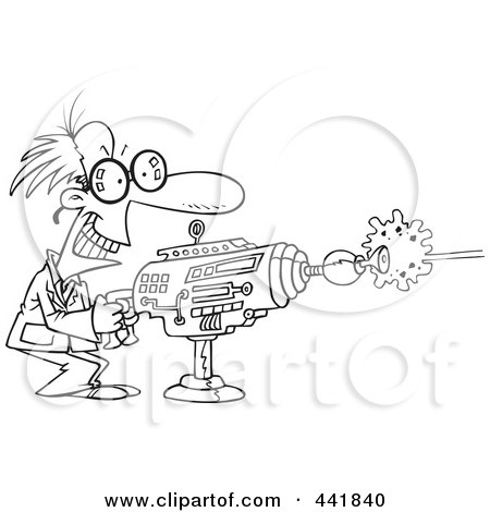 Royalty-Free (RF) Clip Art Illustration of a Cartoon Black And White Outline Design Of A Scientist Using A Laser Gun by toonaday