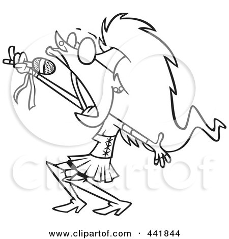 Royalty-Free (RF) Clip Art Illustration of a Cartoon Black And White Outline Design Of A Lady Rock Star Singing by toonaday