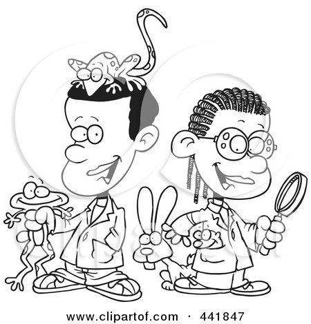 Royalty-Free (RF) Clip Art Illustration of a Cartoon Black And White Outline Design Of Black School Kids In A Science Lab With Animals by toonaday