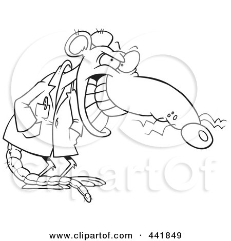 Royalty-Free (RF) Clip Art Illustration of a Cartoon Black And White Outline Design Of A Grinning Lab Rat by toonaday