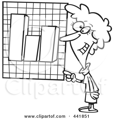 Royalty-Free (RF) Clip Art Illustration of a Cartoon Black And White Outline Design Of A Businesswoman Presenting A Bar Graph by toonaday