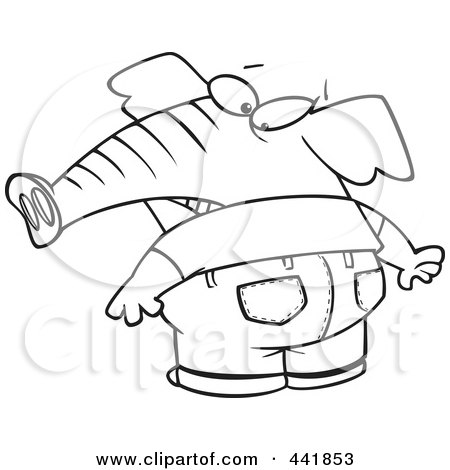 Royalty-Free (RF) Clip Art Illustration of a Cartoon Black And White Outline Design Of An Elephant With A Big Butt by toonaday