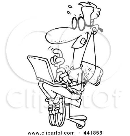 Royalty-Free (RF) Clip Art Illustration of a Cartoon Black And White Outline Design Of A College Boy Using A Laptop by toonaday