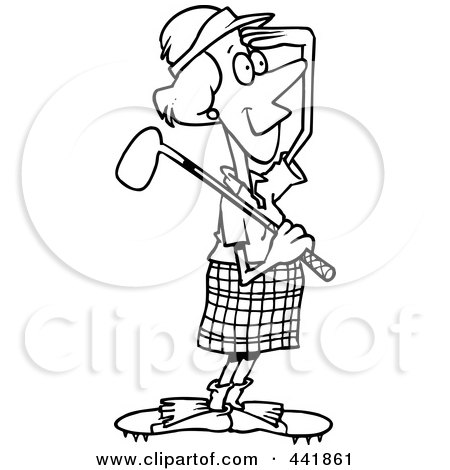 Royalty-Free (RF) Clip Art Illustration of a Cartoon Black And White Outline Design Of A Female Golfer Viewing by toonaday