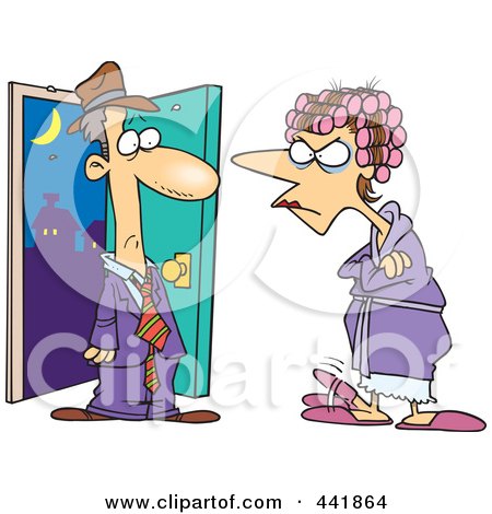 Royalty-Free (RF) Clip Art Illustration of a Cartoon Mad Wife Glaring At Her Late Husband by toonaday