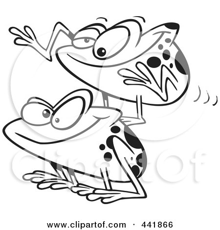 Royalty-Free (RF) Clip Art Illustration of a Cartoon Black And White Outline Design Of Frogs Playing Leap Frog by toonaday