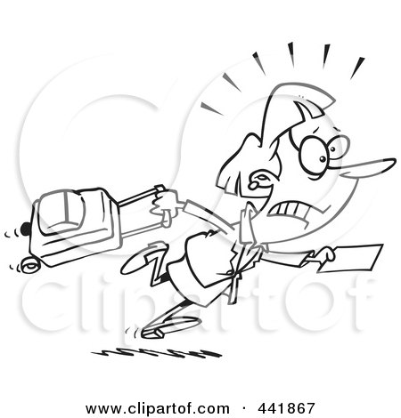 Royalty-Free (RF) Clip Art Illustration of a Cartoon Black And White Outline Design Of A Late Businesswoman Trying To Get To Her Flight by toonaday