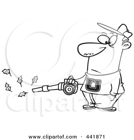 Royalty-Free (RF) Clip Art Illustration of a Cartoon Black And White Outline Design Of A Man Using A Leaf Blower by toonaday