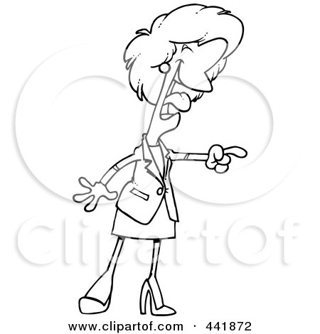 Royalty-Free (RF) Clip Art Illustration of a Cartoon Black And White Outline Design Of A Businesswoman Laughing And Pointing by toonaday