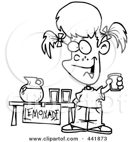 Royalty-Free (RF) Clip Art Illustration of a Cartoon Black And White Outline Design Of A Little Girl Selling Lemonade by toonaday