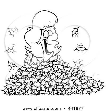 Royalty-Free (RF) Clip Art Illustration of a Cartoon Black And White Outline Design Of A Woman Playing In Leaves by toonaday