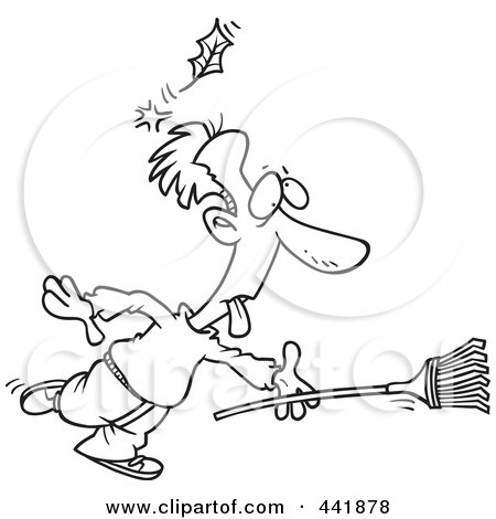 Royalty-Free (RF) Clip Art Illustration of a Cartoon Black And White Outline Design Of A Raking Man Being Knocked Out By A Falling Leaf by toonaday