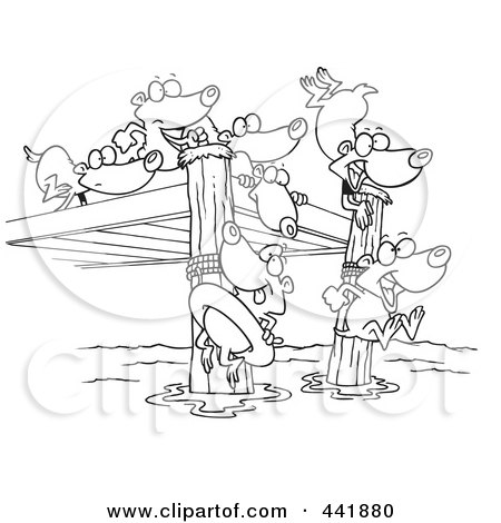 Royalty-Free (RF) Clip Art Illustration of a Cartoon Black And White Outline Design Of Swimming Lemmings by toonaday