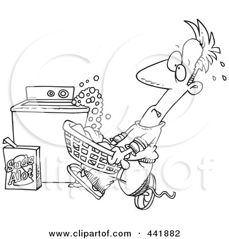 Royalty-Free (RF) Clip Art Illustration of a Cartoon Black And White Outline Design Of A Man Carrying A Basket Of Laundry By An Overflowing Washing Machine by toonaday