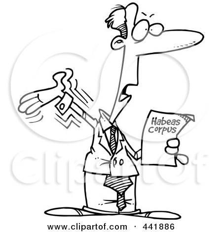Royalty-Free (RF) Clip Art Illustration of a Cartoon Black And White Outline Design Of A Lawyer Reading Habeas Corpus by toonaday