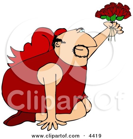 Valentine's Day Cupid Man On His Knees Offer a Dozen Red Roses to His Lover Clipart by djart