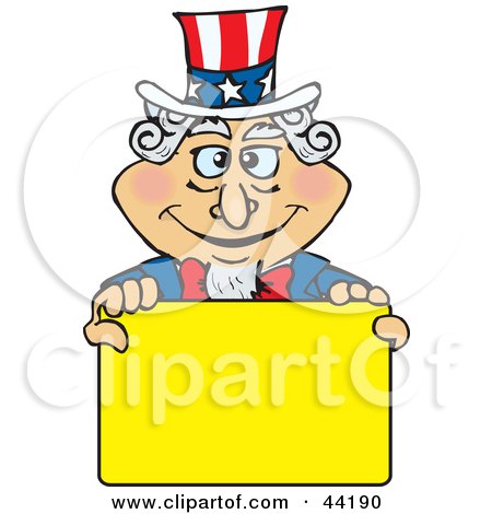 Clipart Illustration of an American Uncle Sam Holding A Blank Yellow Sign by Dennis Holmes Designs