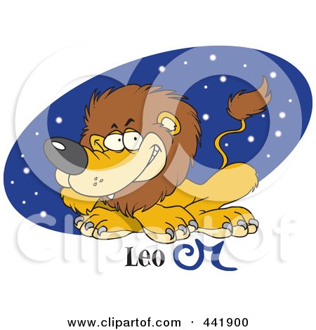 Royalty-Free (RF) Clip Art Illustration of a Cartoon Astrology Leo Lion Over A Blue Starry Oval by toonaday