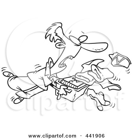 Royalty-Free (RF) Clip Art Illustration of a Cartoon Black And White Outline Design Of A Man Tripping And Dumping Folded Laundry by toonaday