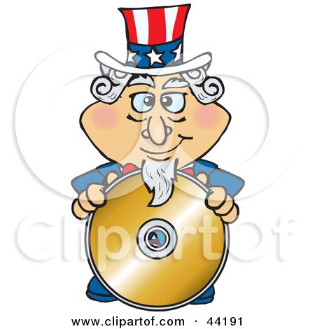 Clipart Illustration of an American Uncle Sam Standing Behind A Blank Gold CD Or DVD by Dennis Holmes Designs