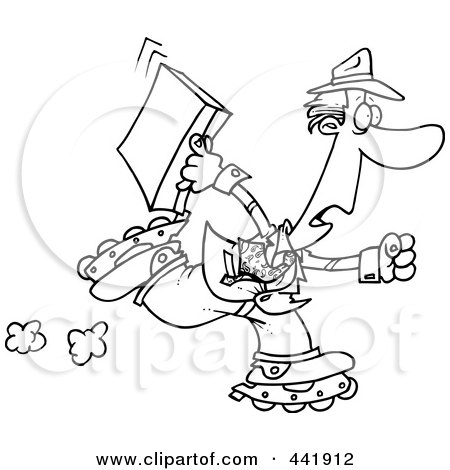 Royalty-Free (RF) Clip Art Illustration of a Cartoon Black And White Outline Design Of A Late Businessman Roller Blading To Work by toonaday