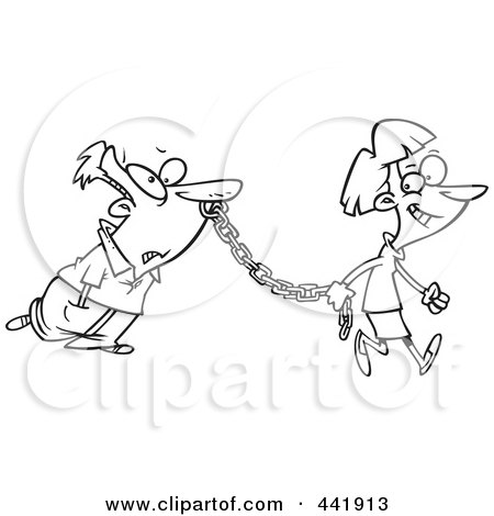 Royalty-Free (RF) Clip Art Illustration of a Cartoon Black And White Outline Design Of A Female Boss Leading Her Employee by toonaday