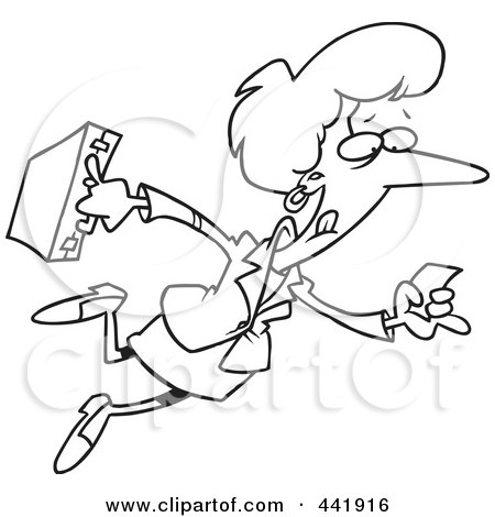 Royalty-Free (RF) Clip Art Illustration of a Cartoon Black And White Outline Design Of A Businesswoman Running With A Lead by toonaday