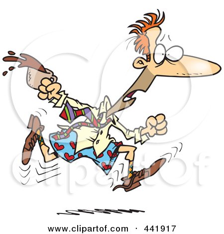 Royalty-Free (RF) Clip Art Illustration of a Cartoon Late Businessman Spilling Coffee And Running In His Boxers by toonaday