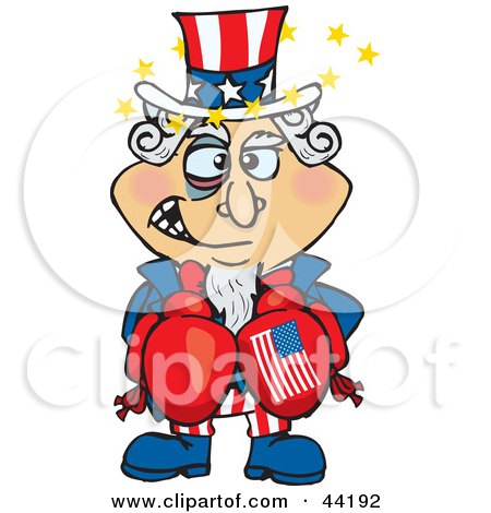 Clipart Illustration of an American Uncle Sam Boxer With A Black Eye And Stars by Dennis Holmes Designs