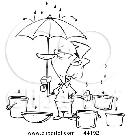 Royalty-Free (RF) Clip Art Illustration of a Cartoon Black And White Outline Design Of A Woman Catching Water From Leaks by toonaday